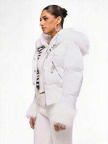 BABYPHAT Luxury Faux Fur Hood Puffer Coat Winter Quilted Down Jacket With Decorative Zipper Details And Rhinestone Accents For Cold Weather