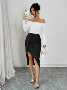 Elenzga Women's Open Shoulder Long Sleeve Ruched High Slit Pearl Design Bodycon Dress For New Year Clothes - Black and White - View 3