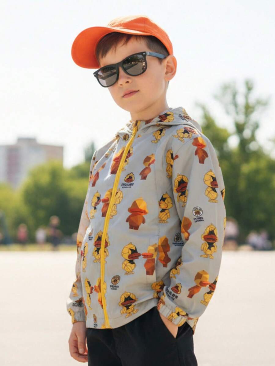 Chaqueta con capucha rompevientos con estampado lindo patos dragones osos de moda para niños pequeños acabado impermeable ideal epoca invierno otoño lluvia - Gris - Ver 1