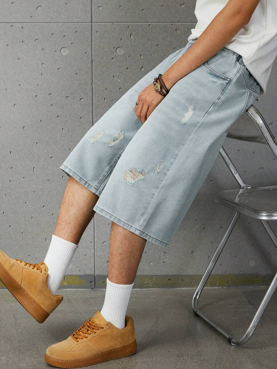 Teen Boys Wide Leg Denim Shorts, Vintage Light Blue Denim Single Piece, Spring/Summer New Arrival, Streetwear Campus Style, Outdoor Casual Fashion, Washed Comfortable Cotton Fabric, Versatile Minimalist Fashion Design, Distressed Ripped Loose Fit, Elastic Waistband, Campus Daily Party Outfit, Wardrobe Essential, Vacation Travel School Commute, New Arrival