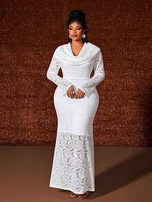 Maweii Váy bodycon đuôi cá tay dài khoét sâu ren mỏng cỡ lớn - trắng - Xem 1