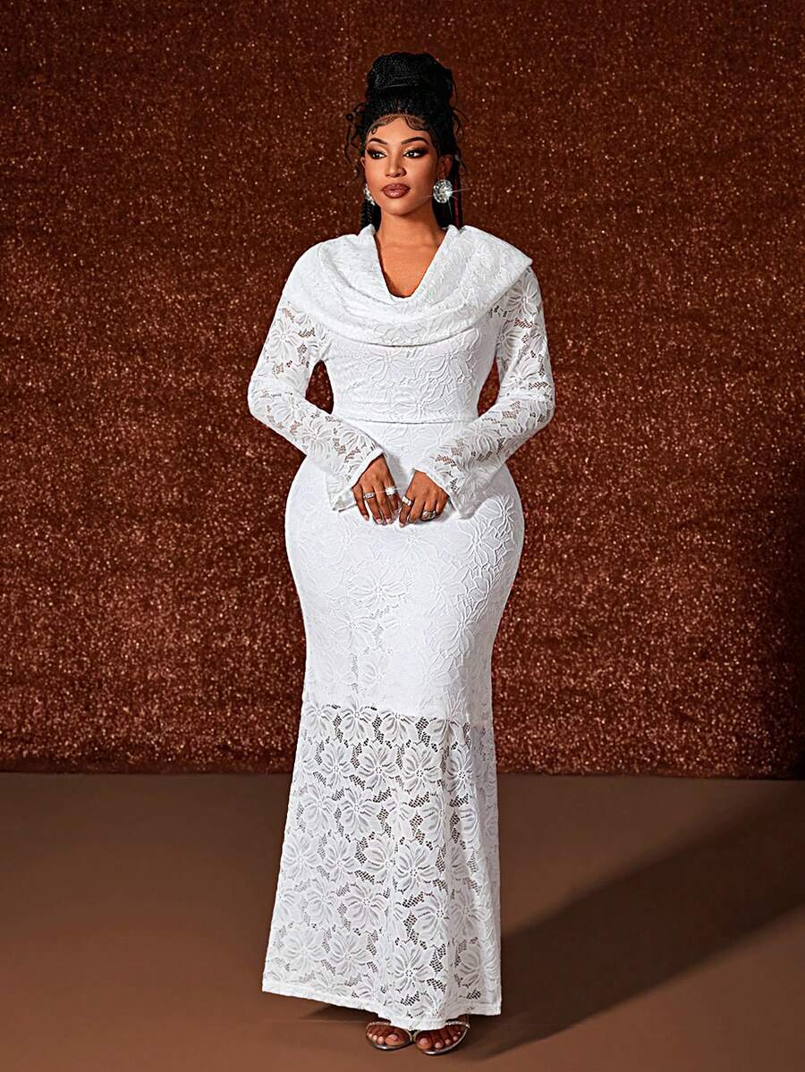 Maweii Váy bodycon đuôi cá tay dài khoét sâu ren mỏng cỡ lớn - trắng - Xem 1