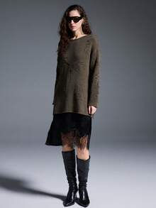 MYSTAURA Women's Casual Vacation Style 3D Embroidery Drop Shoulder Loose Side Slit Tie Knot Sweater, Autumn/Winter - Green - View 1