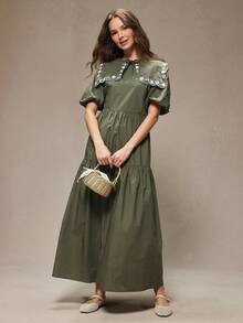 WESTFADE 航海风刺绣领结泡泡袖100%纯棉府绸层叠中长连衣裙，适合秋季、冬季穿着，休闲可爱，适合度假，波西米亚风 - 軍綠色 - 查看 1