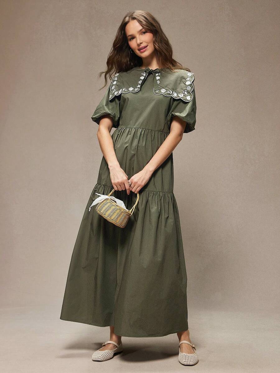 WESTFADE 航海风刺绣领结泡泡袖100%纯棉府绸层叠中长连衣裙，适合秋季、冬季穿着，休闲可爱，适合度假，波西米亚风 - 軍綠色 - 查看 1
