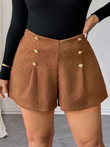 Elenzga Plus Size Women's Chocolate Brown Double-Breasted Wide Leg A-Line Shorts,Summer Elegant Office Metal Button Pleated Decoration Casual Shorts - Brown - View 5