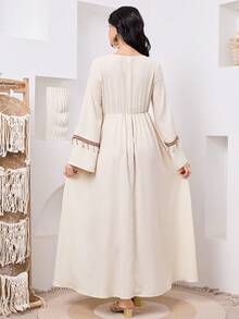 SHEIN Teen Girls' Spring/Summer New Woven Patchwork Print Tassel Casual Long Sleeve Dress, Traditional Robe, Traditional Arabic Clothing, Kaftan, Jalabiya, Abaya Robe, Ramadan, Matching Sisters, Mother-Daughter Matching - Apricot - View 7