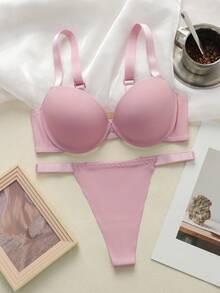 2pcs Set Women Simple Solid Color Wire-Supported Bra - Pink - View 4