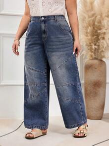 EMERY ROSE 大码女式街头休闲深蓝色复古无弹直筒牛仔裤 - 深色水洗藍 - 查看 5