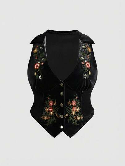 Fairycore Plus Size Vintage Floral Embroidery Velvet Vest, Autumn/Winter