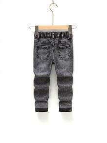 男童休闲牛仔套装，时尚百搭四季皆宜白色印花水洗牛仔套装，黑灰色 - 黑色 - 查看 9