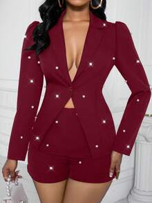 手工串珠开衩设计女士长袖西装外套和短裤性感套装 - 酒紅色 - 查看 3