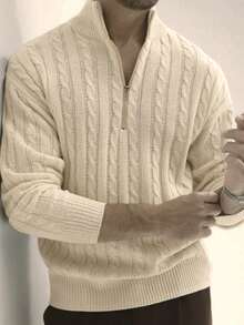 Manfinity Mode 大码男士纯色纯色长袖半拉链领宽松休闲都市粗针织毛衣，秋冬