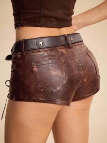 ROMWE EDITION 千禧宝贝复古嬉皮风动物纹人造毛皮拼接低腰迷你短裤（女款） - 棕色 - 查看 3