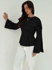 Aloruh بلوزة نسائية كاجوال ذات لون أحادي مع أكمام مطوية وذيل بيبلوم، مناسبة للربيع والخريف