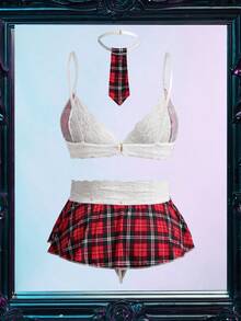 Fantasy Costume Plus Size Women Sexy Lace Patchwork Plaid 4-Piece Lingerie Set - Multicolor - View 3