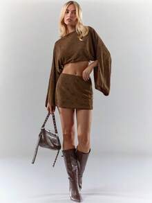 Glamine Women's V-Neck Split Sleeve Cropped Top And Mini Skirt 2 Pieces Set - Brown - View 1
