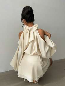 Aloruh Women's New Apricot Solid Color Mini Dress, Long Sleeve, Lantern Sleeve Design, A-Line Dress, Party Dress, Date Dress, Afternoon Tea Dress, Autumn/Winter New Year's Outfit For Women,Spring Outfit Women - Apricot - View 5