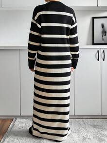 EURMUSE Vestido de suéter largo con cuello redondo y hombros caídos con estampado de rayas para mujer - Negro - Ver 2
