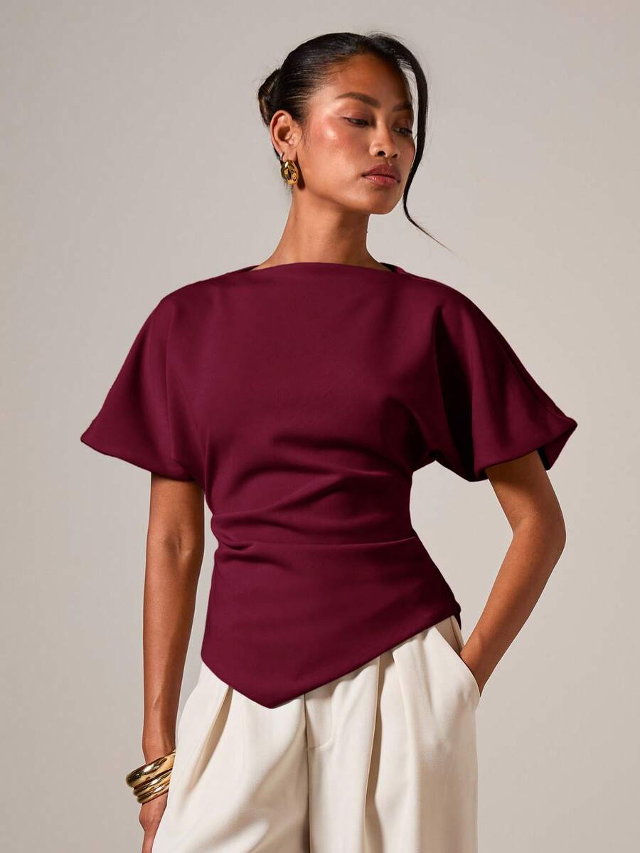COSMINA 女士优雅褶皱圆领T恤，适合所有季节 - 酒紅色 - 查看 1