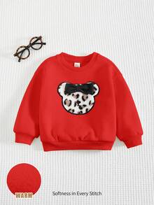 Cozy Pixies Baby Girl 3D Bow Leopard Bear Graphic Round Neck Long Sleeve Pullover Sweatshirt, Casual Sports Outerwear Versatile Red Sweatshirt, Autumn Winter - Red - View 3