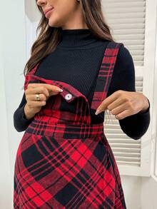 SHEIN Versatile Red Plaid Striped Suspender Dress, Suitable For Commuting - Red and Black - View 5