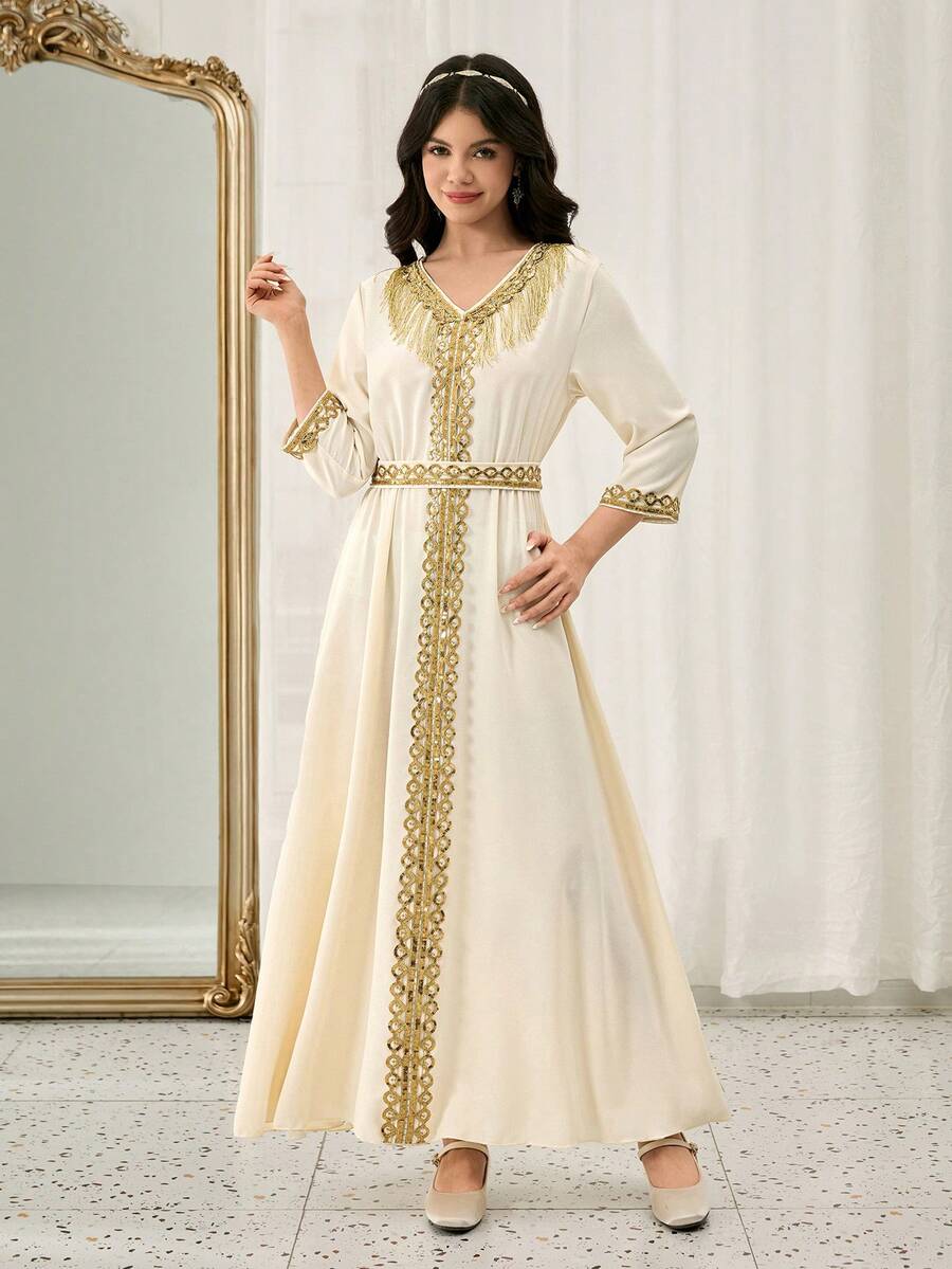 Teenage White Long Dress With Short Sleeves, Middle Eastern Style Long Robe With Fringe - White - View 1