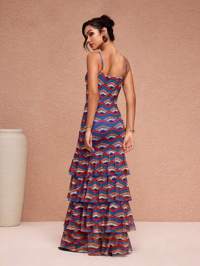 JIAN LASALA Vestido largo de mujer con estampado total, tirantes de espagueti, abertura alta con capas, vestido maxi elegante para vacaciones y fiestas, vestido maxi con volantes, vestido largo de verano, vestido maxi de verano con volantes para fiesta y boda