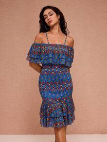JIAN LASALA All-Over Print Mesh Spaghetti Straps Layered Ruffled Midi Dress Women Holiday Vacation Dress Off Shoulder Summer Dress Off The Shoulder Dress Women Havana Nights Outfit Ankara African Dress African Print Dress Off Shoulder Dresses For Woman Boho Dress Vacation Dress For Women Beach Wedding Guest - Blue - View 5