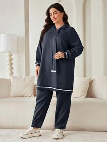 Veilorie Conjunto de 2 piezas de sudadera con capucha y pantalones de unicolor talla grande - Gris Oscuro - Ver 3