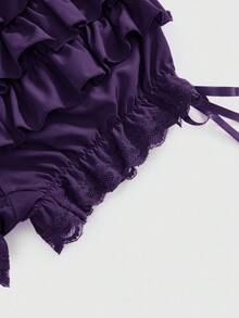 ROMWE Kawaii 女士夏季休闲时尚哥特风抽绳腰带多层荷叶边撞色蕾丝南瓜短裤 - 紫色 - 查看 4