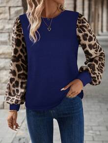 SHEIN LUNE 春夏圆领泡泡袖灯笼袖撞色豹纹休闲度假长袖T恤 - 寶藍色 - 查看 5