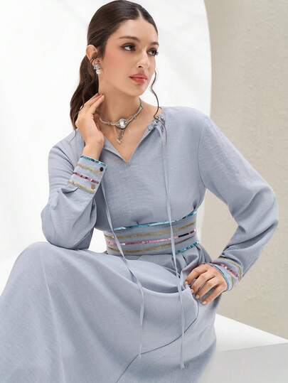 Al Najma 女士优雅阿拉伯风格长袖连衣裙，腰部饰有亮片拼接