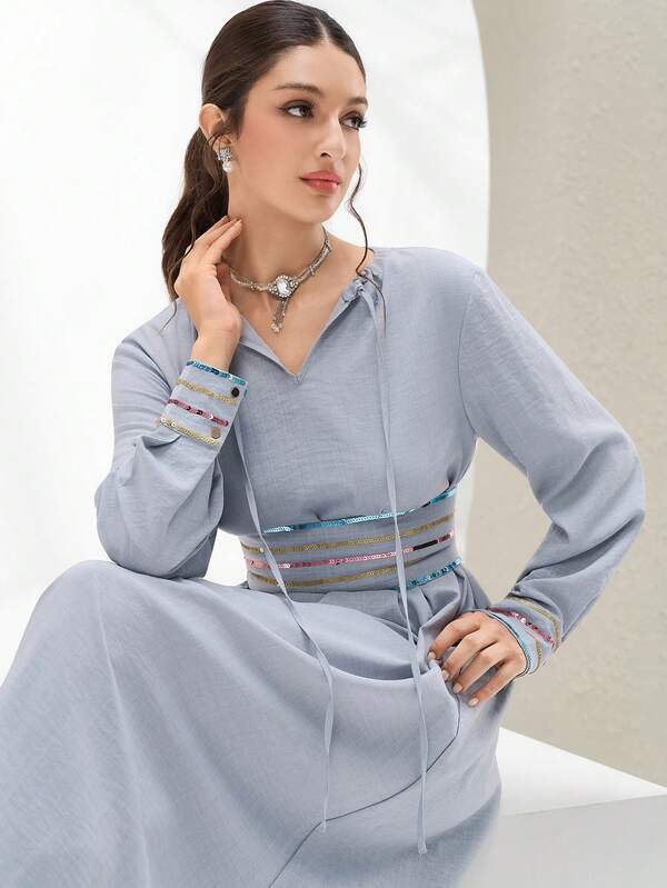 Al Najma Vestido de manga larga elegante de estilo árabe para mujer con parche de lentejuelas en la cintura