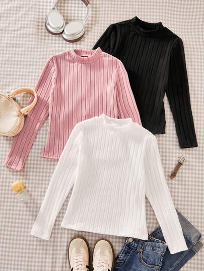 3pcs Girls Fuzzy Ribbed Long Sleeve T-Shirts, Comfortable, Versatile Layering Piece For Indoor/Outdoor Wear, Suitable For Spring, Autumn, Winter