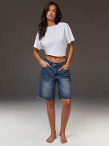 Athîral Denim شورتات جينز مقصرة بفضفاضة للنساء، مزينة بالدبابيس، مخصرة، أنيقة وكلاسيكية، شورتات متوسطة متعددة الاستخدامات - الأزرق - مشاهدة 3
