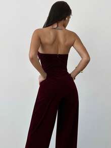 Firerie 优雅、精致、浪漫、性感、独特的时尚新年、情人节、派对、舞会不对称高腰天鹅绒酒红色阔腿无肩带连体裤，秋冬款 - 酒紅色 - 查看 8