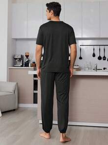 CoupledUp Men's Slogan Print Short Sleeve Top And Long Pants Black Loungewear Set - Black - View 2