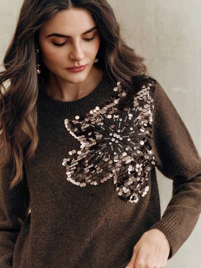 Anewsta エレガントでシックな秋冬セーター、刺繍 スパンコール & ラインストーン フローラルデコレーション、ラウンドネック