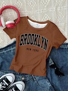 SHEIN Leap Crew 巧克力棕色 3 件組復古字母印花修身短版 T-shirt，適合前青春期女孩，休閒夏季校園返校穿搭，復古美學 Y2K 上衣 - 彩色 - 查看 3