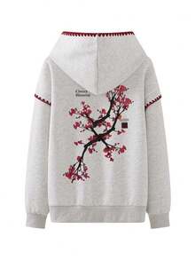 Resyla Standard Size Women's Casual Plum Blossom Print Hooded Sweatshirt - Light Grey - View 3