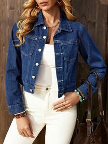 EMERY ROSE Women's Casual Daily Commute Fashion Street Patchwork Pocket Single-Breasted Cropped Denim Jacket, Spring/Autumn Winter New Year - Dark Wash - View 7