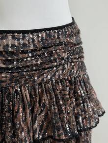 Elamini Chân váy ngắn mùa hè đính sequin họa tiết da báo với nhiều tầng bèo nhún – Lý tưởng cho tiệc năm mới và Giáng sinh. - màu nâu - Xem 5