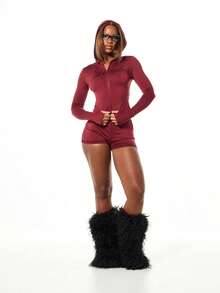 SUMWON WOMEN Christmas Burgundy Booty Shorts With Script Back Print High Rise Mini Fitness Lounge - Burgundy - View 3