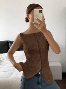 Siren Gaze Áo cánh không tay cài nút phía trước màu trơn cho nữ, mùa hè - màu nâu - Xem 6