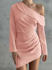 Firerie Vestido Curto de Manga Longa com Bainha Assimétrica Plissada Elegante Feminino, Estilo Chique Urbano para Ir e Vir e Encontros, Outono/Inverno - Rosa empoeirado - Visão 8