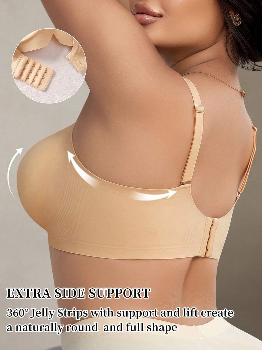 SHEIN 加大码女士柔软支撑无钢圈加垫聚拢文胸 - 香檳色 - 查看 1