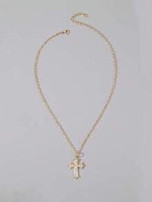 ROMWE Goth 1 件哥特式奢华十字架吊坠项链，带水钻，节日派对礼物，万圣节 - 金色 - 查看 3