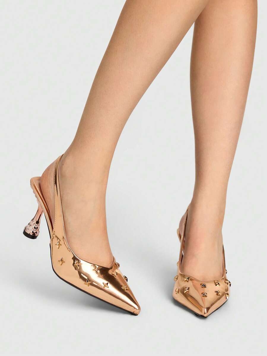 ROMWE Women's Pointed Toe Metal Starfish Decor Everyday Versatile Fashion High Heels - Champagne - View 1