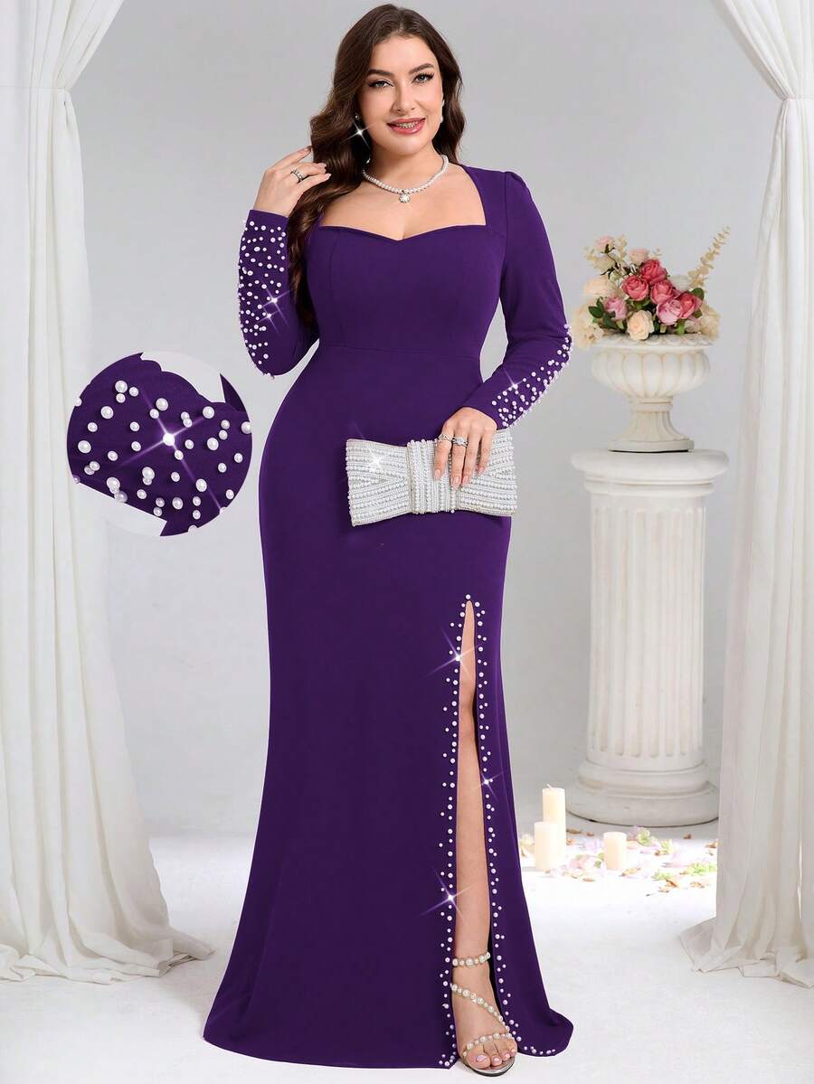 Coutiva 大码女士优雅正式晚礼服，心形领口饰以人造珍珠，高开衩鱼尾裙摆，修身剪裁 - 紫羅蘭色 - 查看 1